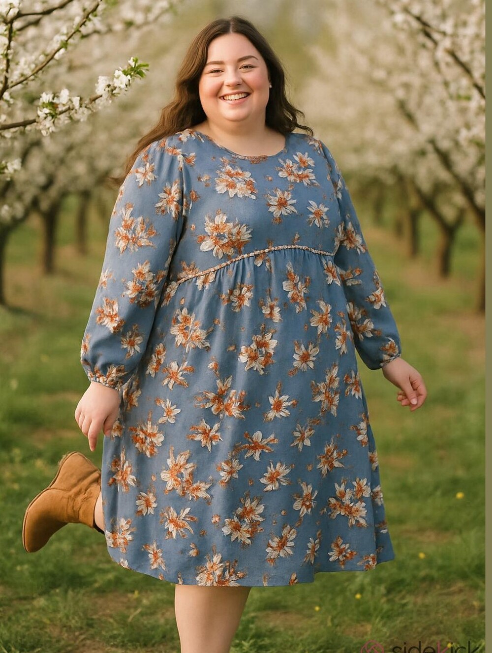 Cornflower Blue Babydoll Floral Midi Dress Long Sleeve Crochet Waist Cottagecore